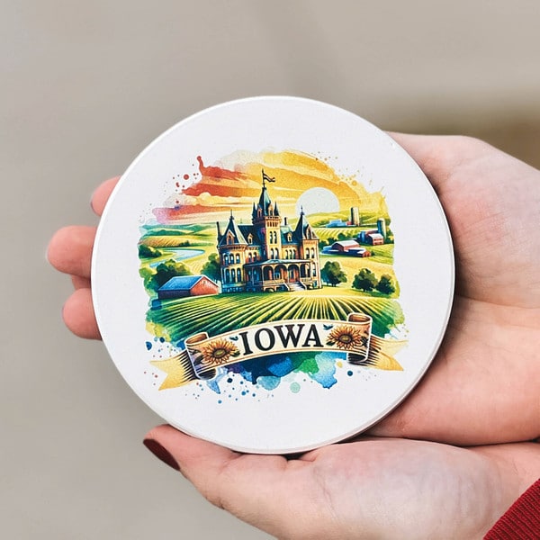 State of Iowa Farm Scene Watercolor Ceramic Coaster (4")